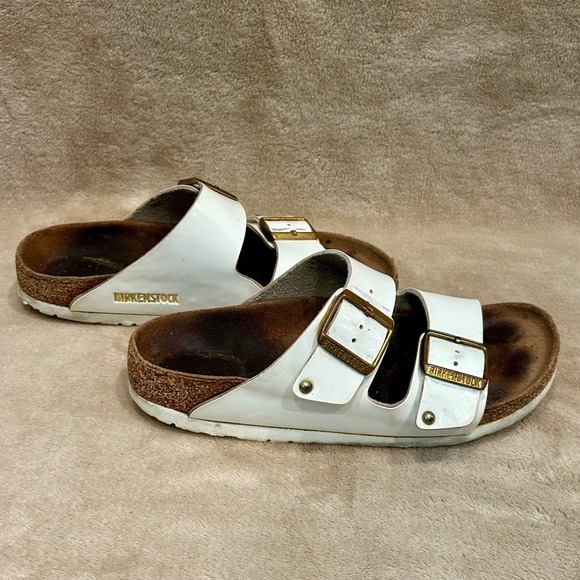 Birkenstock Womens 38 / 7-7.5 Arizona Biko Flor Patent White Gold Buckle‎ - Picture 3 of 8